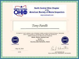 to certify that he/she has attended three hours of educational training and this course is approved for three (3) hours of ASHI® Continuing Education Credits. Mock Home Inspection  Speaker  Paul Wancata  Cleveland Heights, Ohio May 10, 2018 DATE AUTHORIZED BY: PAUL WANCATA, PRESIDENT, NCOAHSHI Tony Farelli